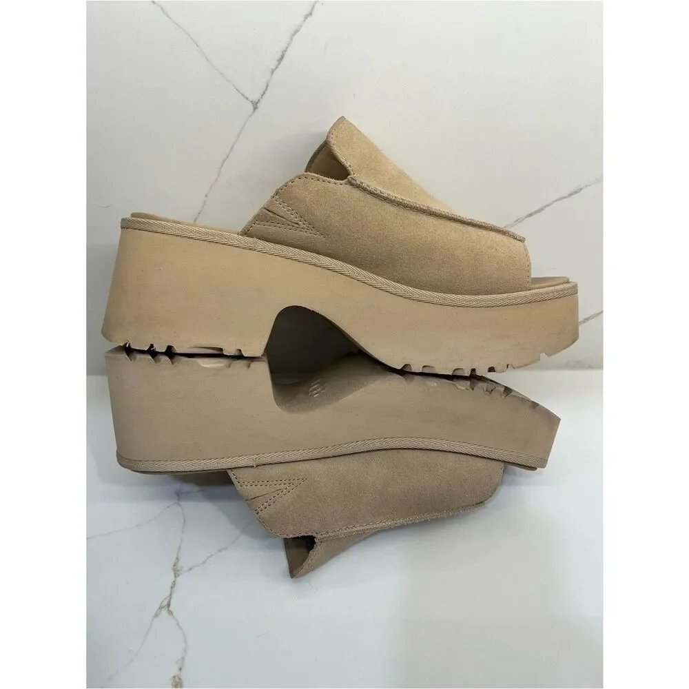 UGG Suede Platform Slide Sandals Camel Tan Square Toe Wedge Slides Sz 9